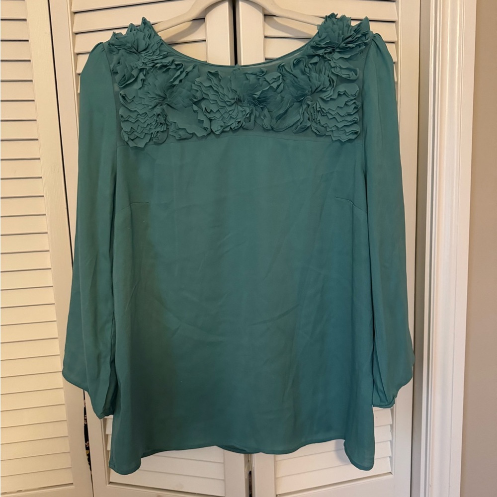 Ann Taylor Chic Teal Blouse with Ruffle Details
